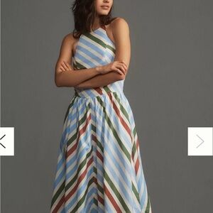 Maeve- Anthropologie Halter Midi Dress - Blue, Green, Brown Stripes